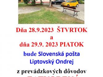 Zatvorená Slovenská pošta Liptovský Ondrej v dňoch 28.septembra 2023 (štvrtok) a 29.septembra 2023 (piatok)