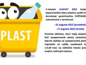 Harmonogram vývozu plastov v mesiaci  AUGUST 2022 1